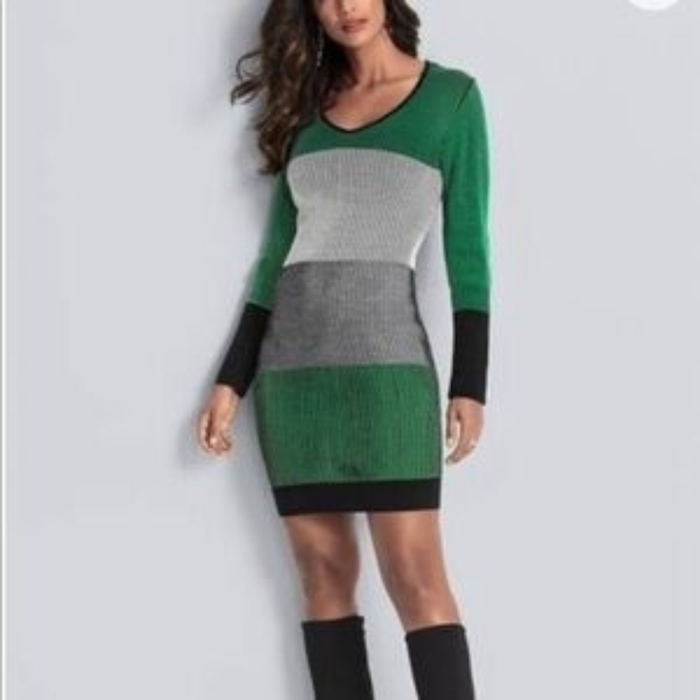 Venus Green Colourblock Long Sleeve Knit Sweater Dress V-Neck Stretchy Size 2X
